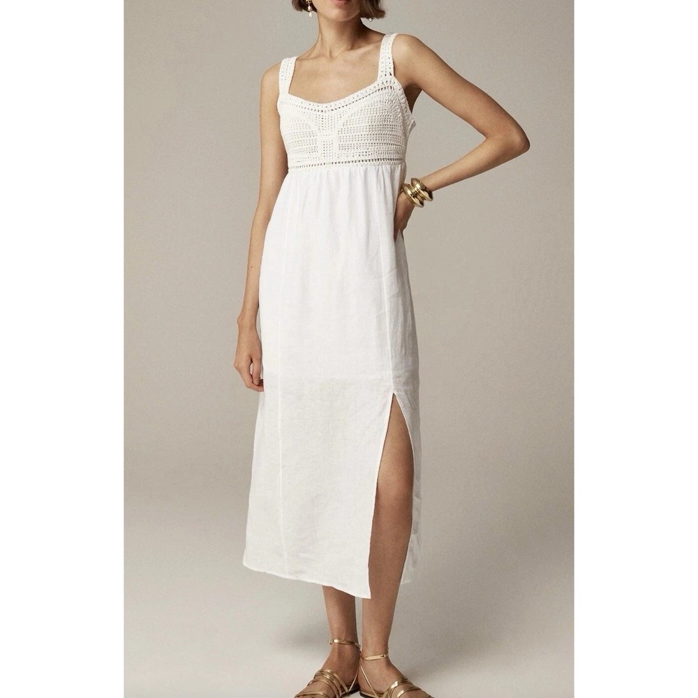 J.Crew Crochet Top Midi Dress Womens Medium White Linen Blend Side Slit